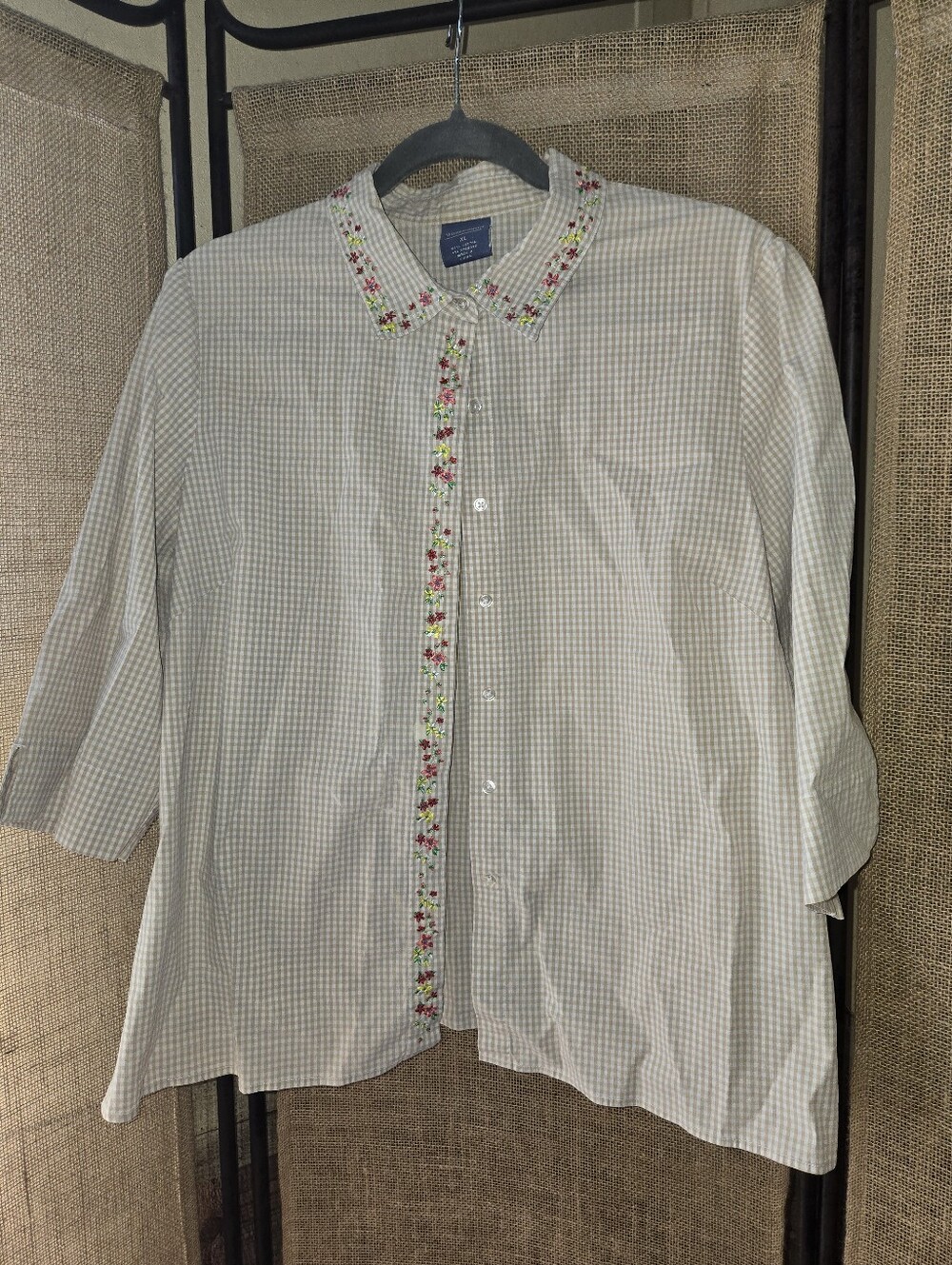 Women's Westbound Classic Check Button-Up Shirt with Floral Embroidered Trim XL